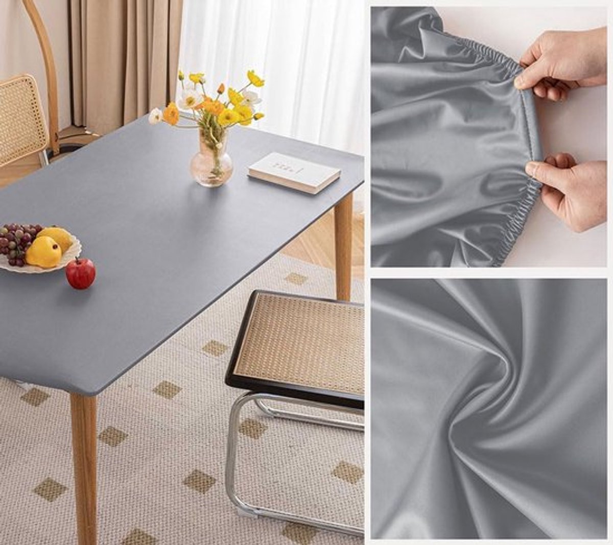 Candala Rechthoekig tafelkleed, rechthoekig tafelkleed met elastische rand, stofdicht, waterdicht PVC tafelkleed, vlekbestendig, tafeldecoratie voor buiten en binnen (90 x 150 cm, grijs)