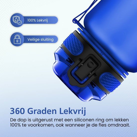 Sluiting van de blauwe waterfles met siliconen ring voor 100% lekvrije sluiting.