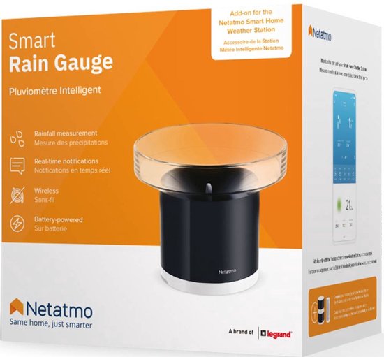 Doos van de Netatmo Slimme Regenmeter met Nederlandse en Franse tekst. Centraal de zwarte regenmeter met glazen trechter.