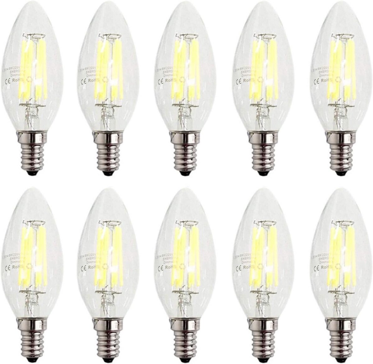 10x E14 LED Kaarslamp Dimbaar Koud Wit 6W Filament Stijl Kroonluchter Verlichting