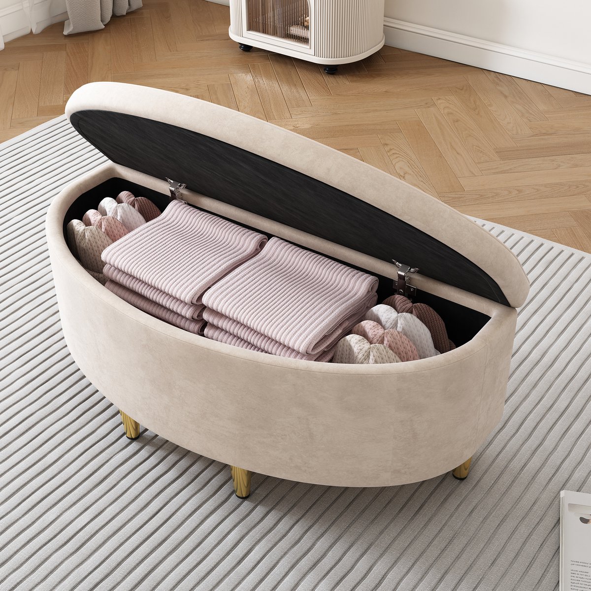 OKWISH Opbergbank Met Zitkussen - Fluwelen Zitting Met Opbergruimte - Voor Hal Woonkamer Slaapkamer - Fluweel - 90×40×42 Cm- Beige