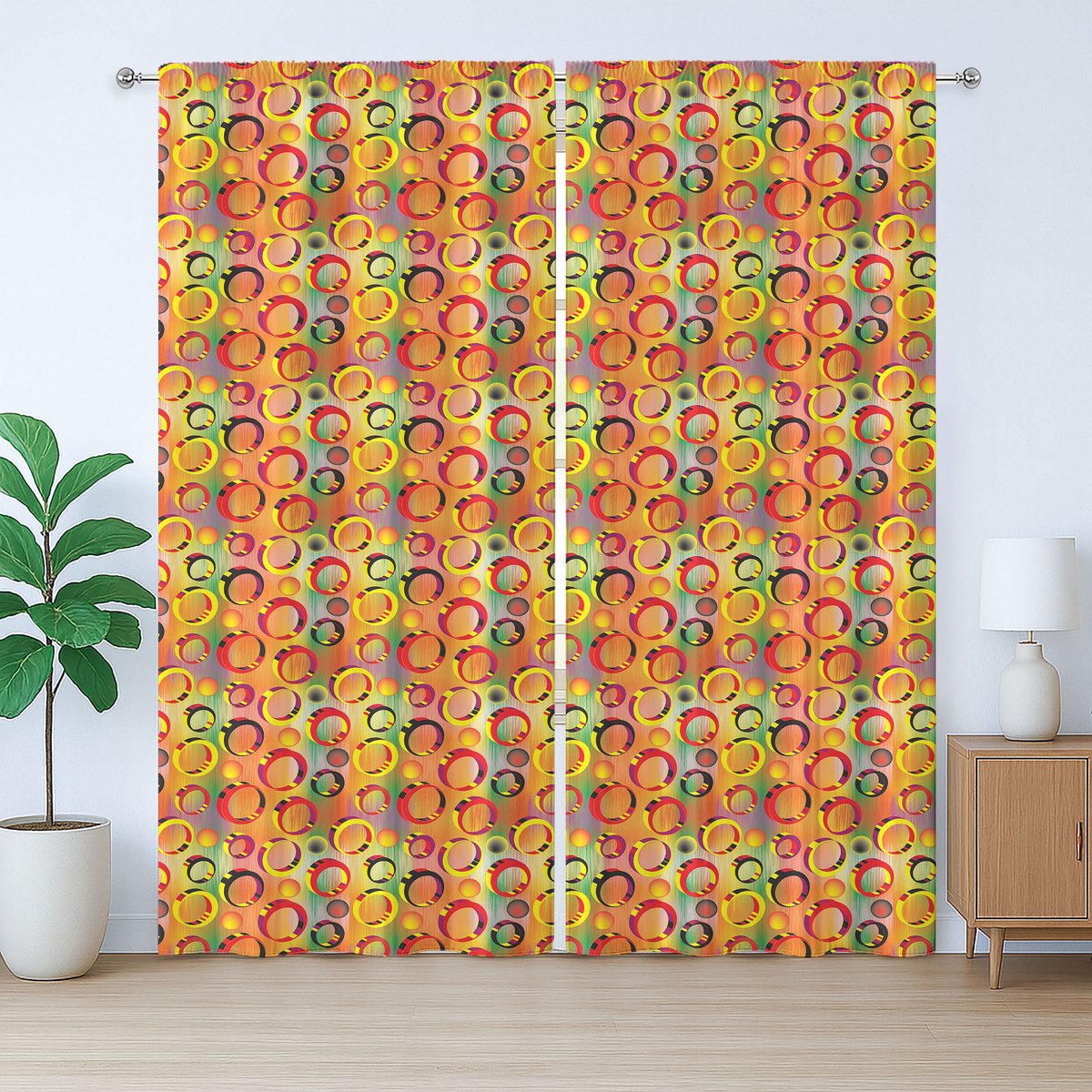 ABAKUHAUS Kleurrijk rustiek gordijn, 3D ringvormen grunge, slaapkamergordijn met plooien, lussen en haken, 280 x 175 cm, geel rood groen