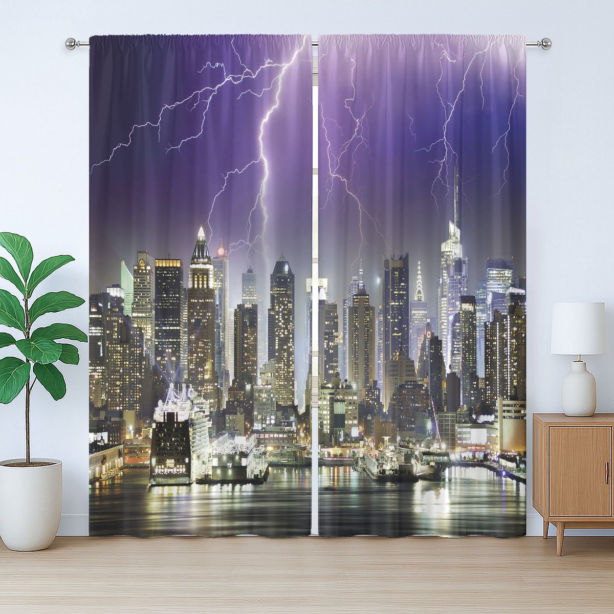 ABAKUHAUS Rustiek Stadsgordijn, Storm en Onweer in New York, met Bandjes, Lusjes en Haken voor de Woonkamer, 280 x 175 cm, Houtskoolgrijs Indigo
