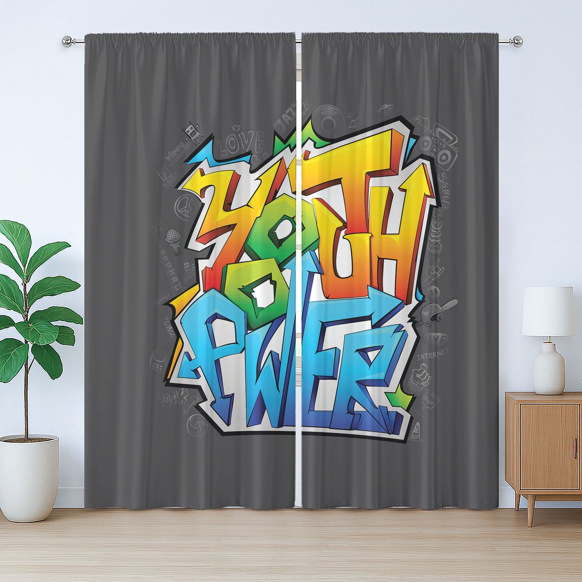 ABAKUHAUS Rustiek gordijn voor jongeren, graffiti kunst, met lussen en haken voor de woonkamer, 280 x 260 cm, meerkleurig