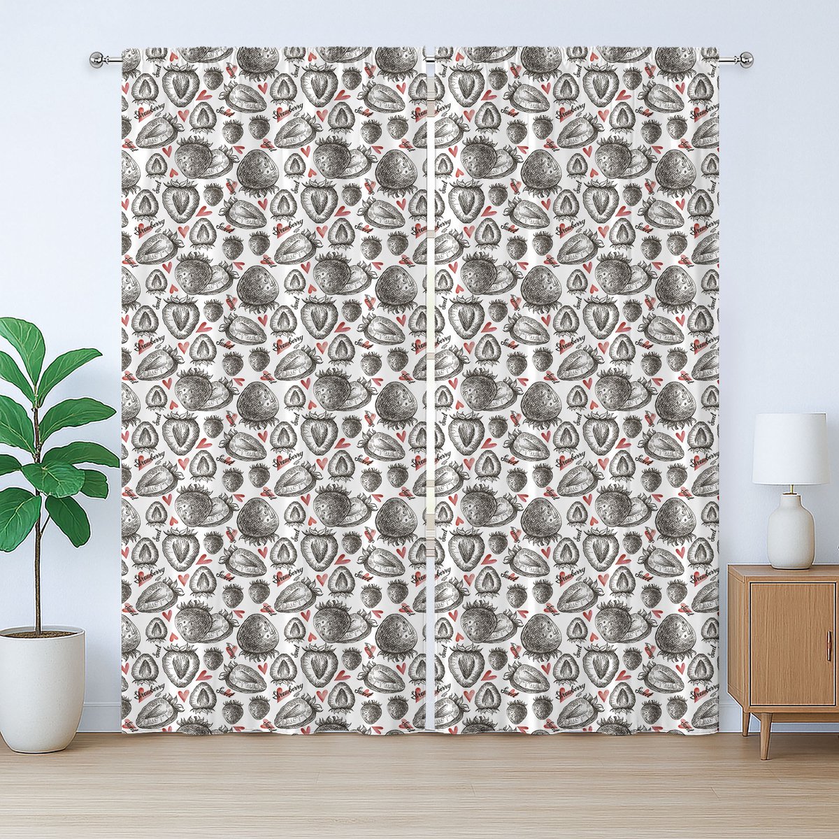 ABAKUHAUS Aardbeien Rustiek Gordijn, Schetsmatig Handgetekend Fruit, met Bandjes met Lussen en Haken, 280 x 225 cm, Grijs Vermiljoen en Wit