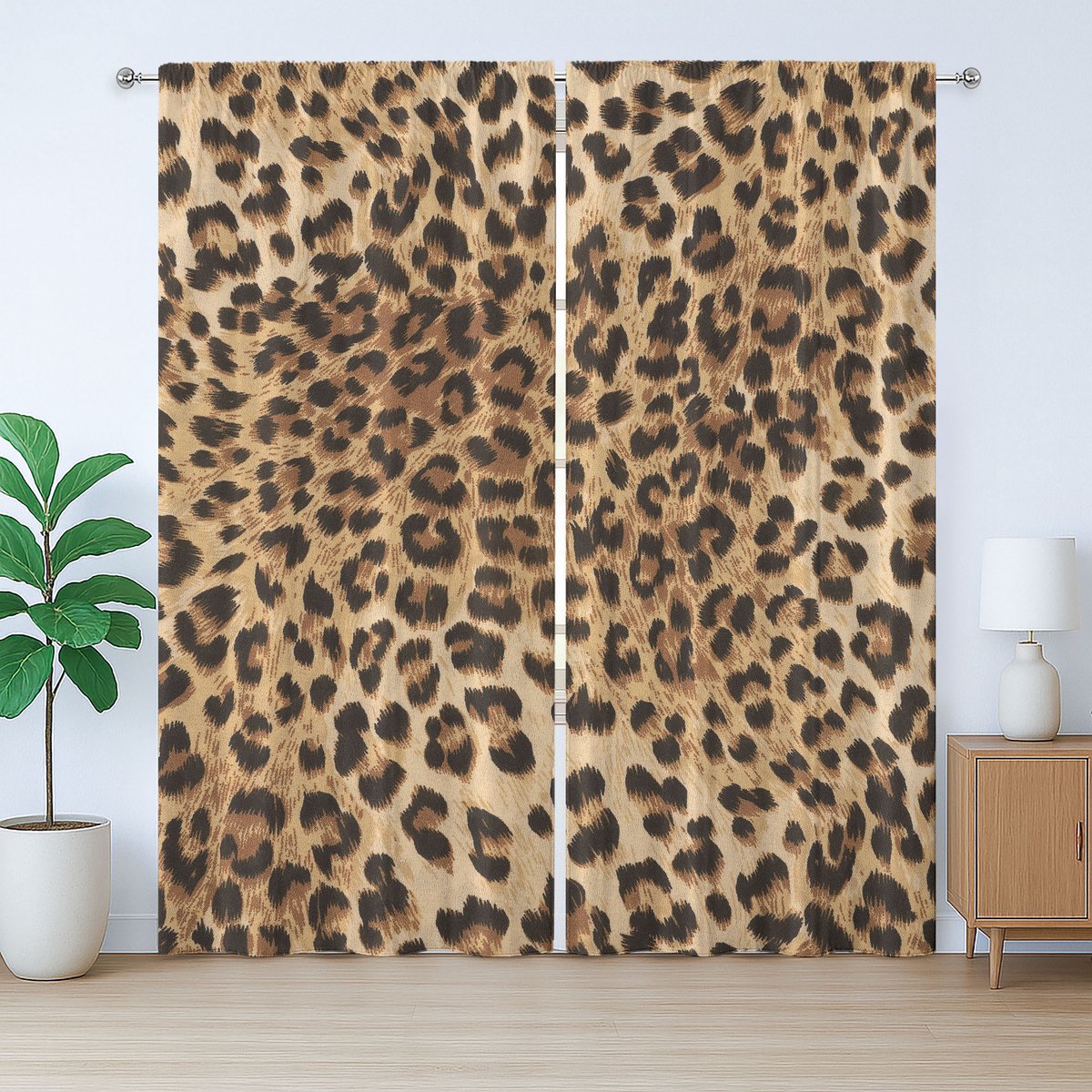 ABAKUHAUS Gordijn met luipaardprint, rustieke uitstraling, dierenhuid, met lussen en haken voor de woonkamer, 280 x 225 cm, lichtbruin zwart