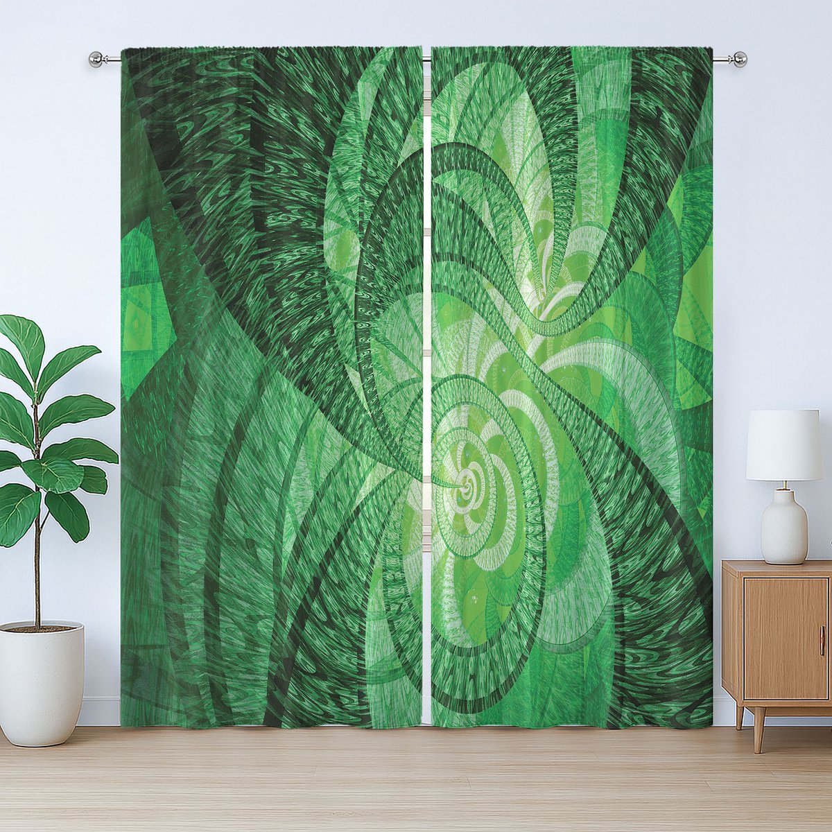 ABAKUHAUS Astral Rustic Gordijn, Abstracte Wervelende Spiralen, Gordijn met Plooiing met Lussen en Haken, 280 x 225 cm, Smaragdgroen
