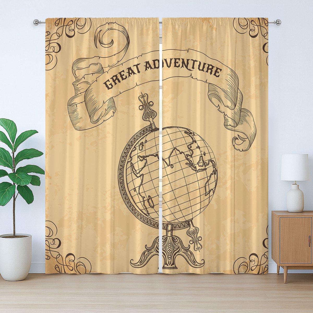 ABAKUHAUS Retro Rustiek Gordijn, Avontuurlijke Woorden, met Bandjes voor de Woonkamer met Lussen en Haken, 280 x 175 cm, Zandbruin Zwart