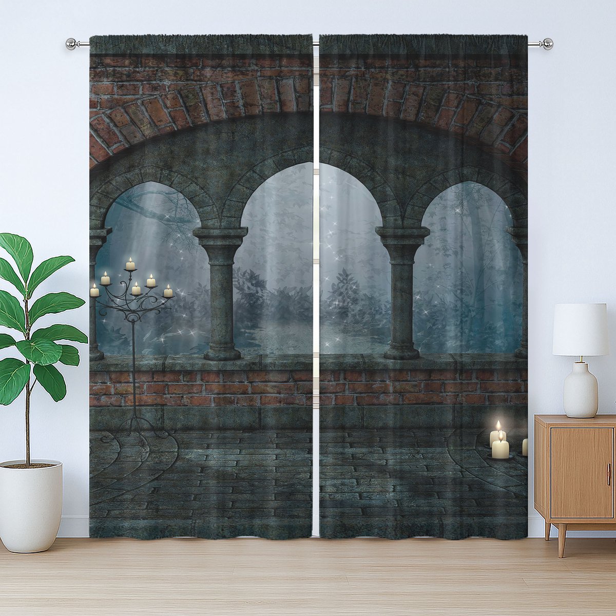 ABAKUHAUS Gotisch rustiek gordijn, middeleeuws kasteel 's nachts, met lussen en haken voor de woonkamer, 280 x 225 cm, blauwgrijs grijsrood
