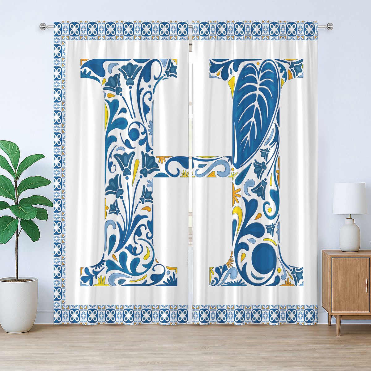 ABAKUHAUS Rustiek gordijn met letter H, Azulejo frame, geplooid gordijn met lussen en haken voor de slaapkamer, 280 x 175 cm, blauw geel oranje