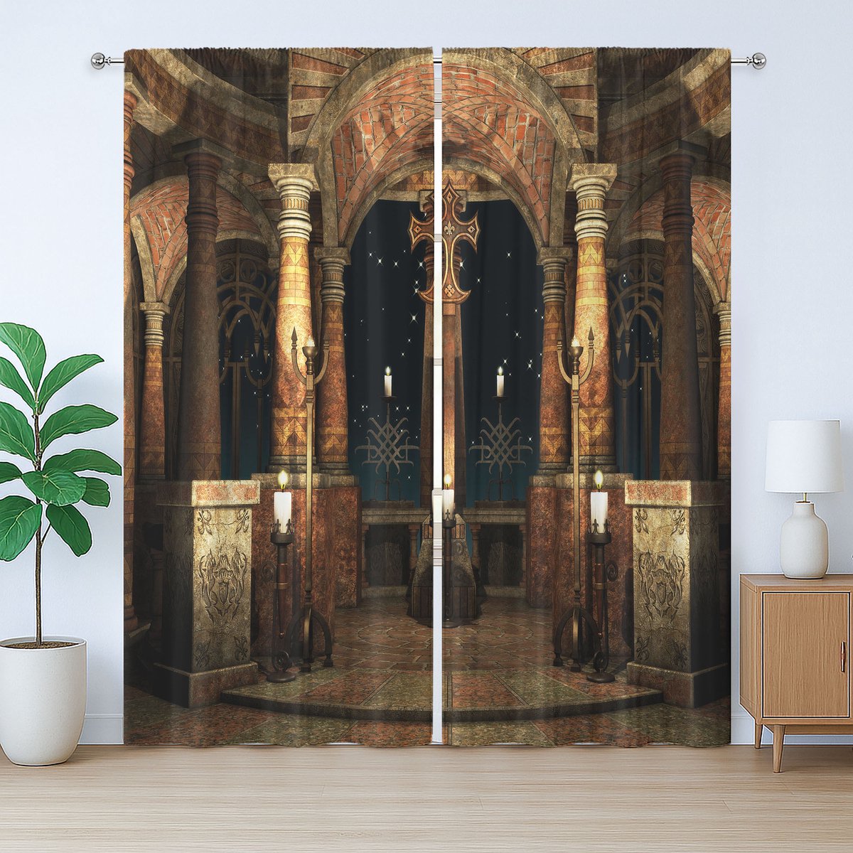 ABAKUHAUS Gotisch Rustiek Gordijn, Halzuilen, Woonkamer met Banden, Lussen en Haken, 280 x 225 cm, Ivoor Bruin Zwart
