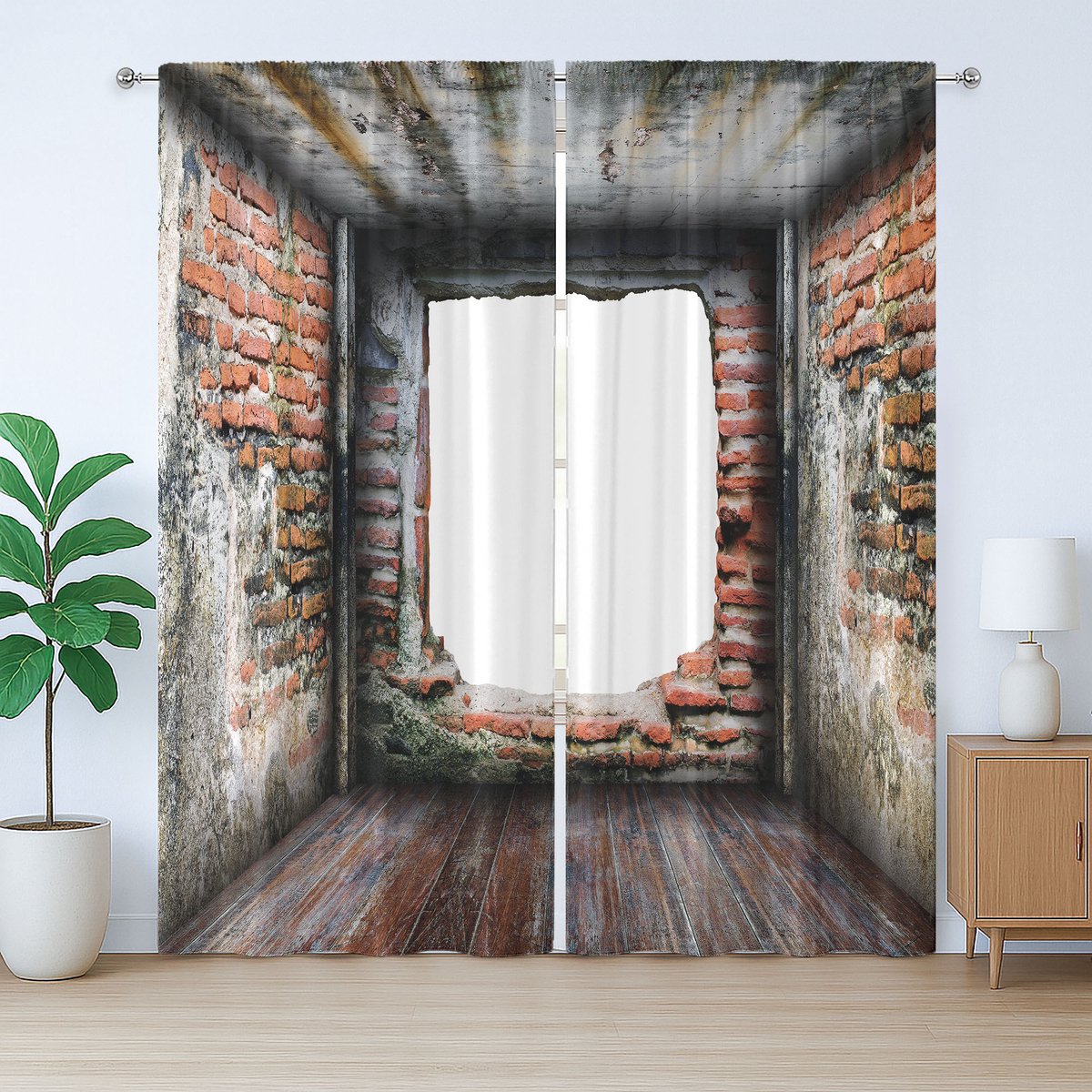 ABAKUHAUS Grunge Rustiek Gordijn, Verlaten Verouderd Interieur, met Bandjes, Lusjes en Haken voor de Woonkamer, 280 x 225 cm, Roodhoutgrijs