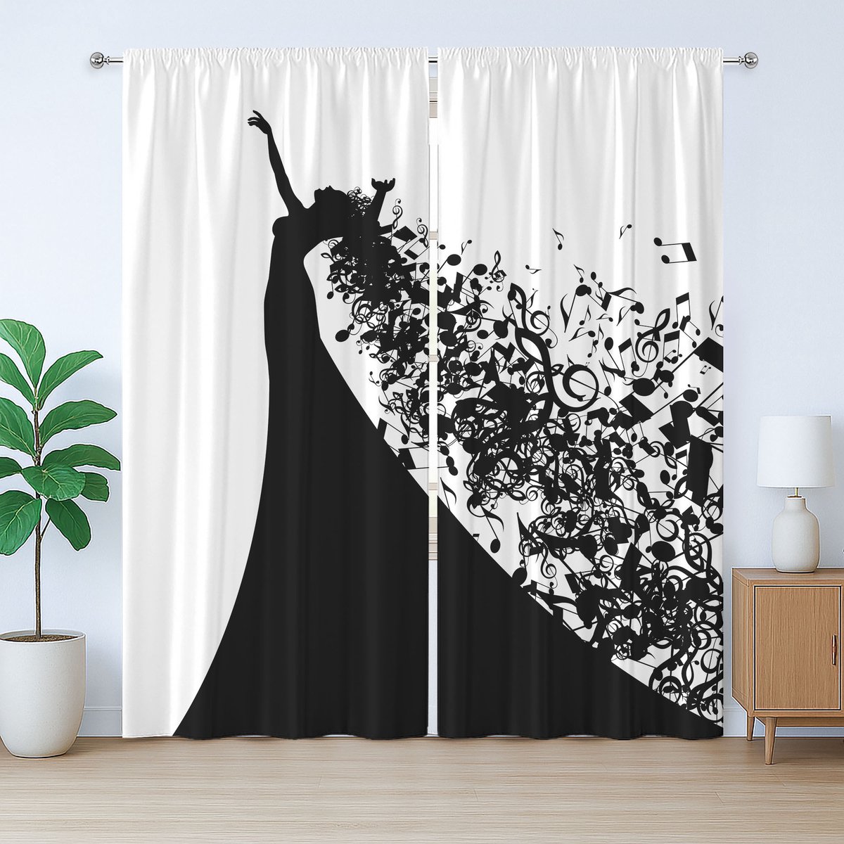 ABAKUHAUS Opera Rustiek Gordijn, Zwart-wit Zangeres, Universele Gordijnen met Bandjes, Lussen en Haken voor de Woonkamer, 280 x 245 cm, Zwart-wit