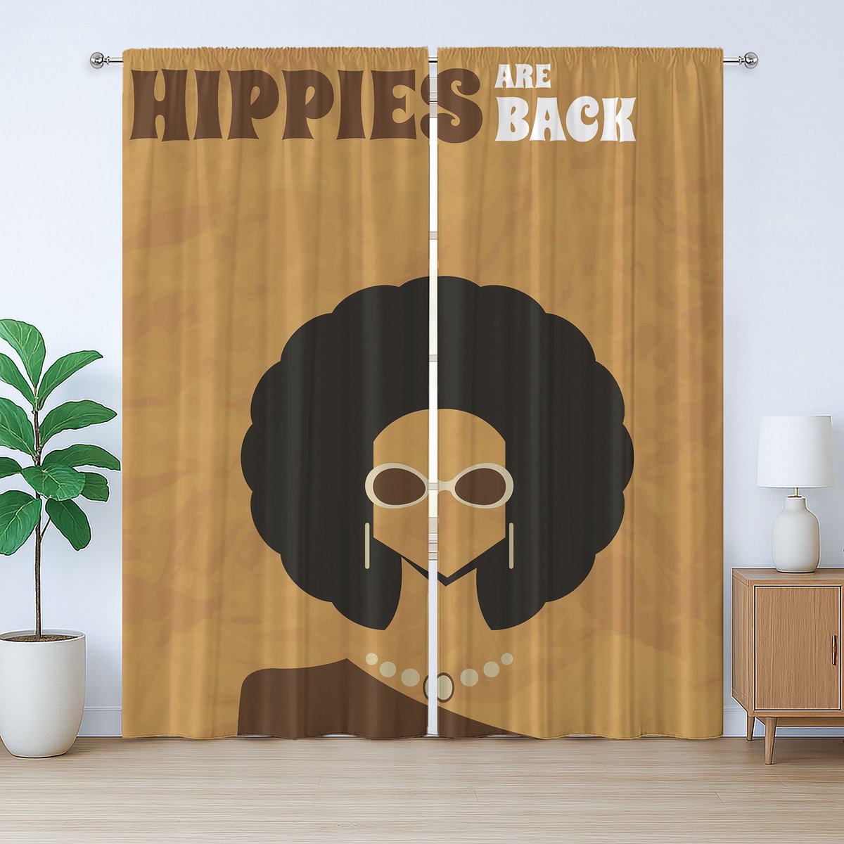 ABAKUHAUS 1970 Rustiek gordijn, vrouw met afro-kapsel, met lussen en haken voor de woonkamer, 280 x 175 cm, licht koffiezwart