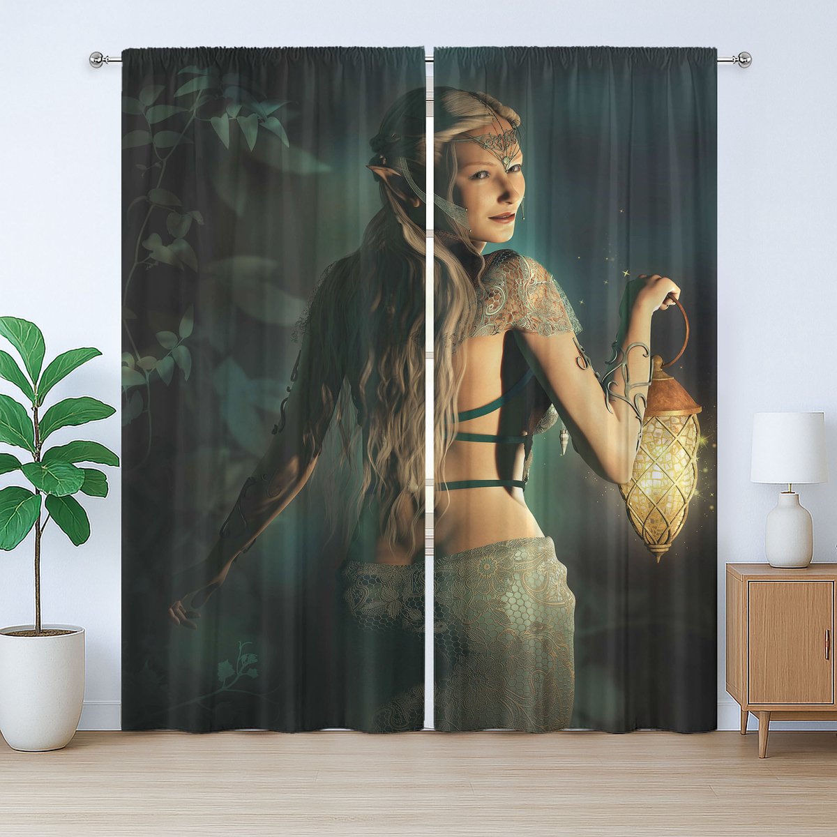 ABAKUHAUS Feeëngordijn, rustiek, Elfprinseslantaarn, Geplooid gordijn voor de slaapkamer met lussen en haken, 280 x 260 cm, Beige Blauw