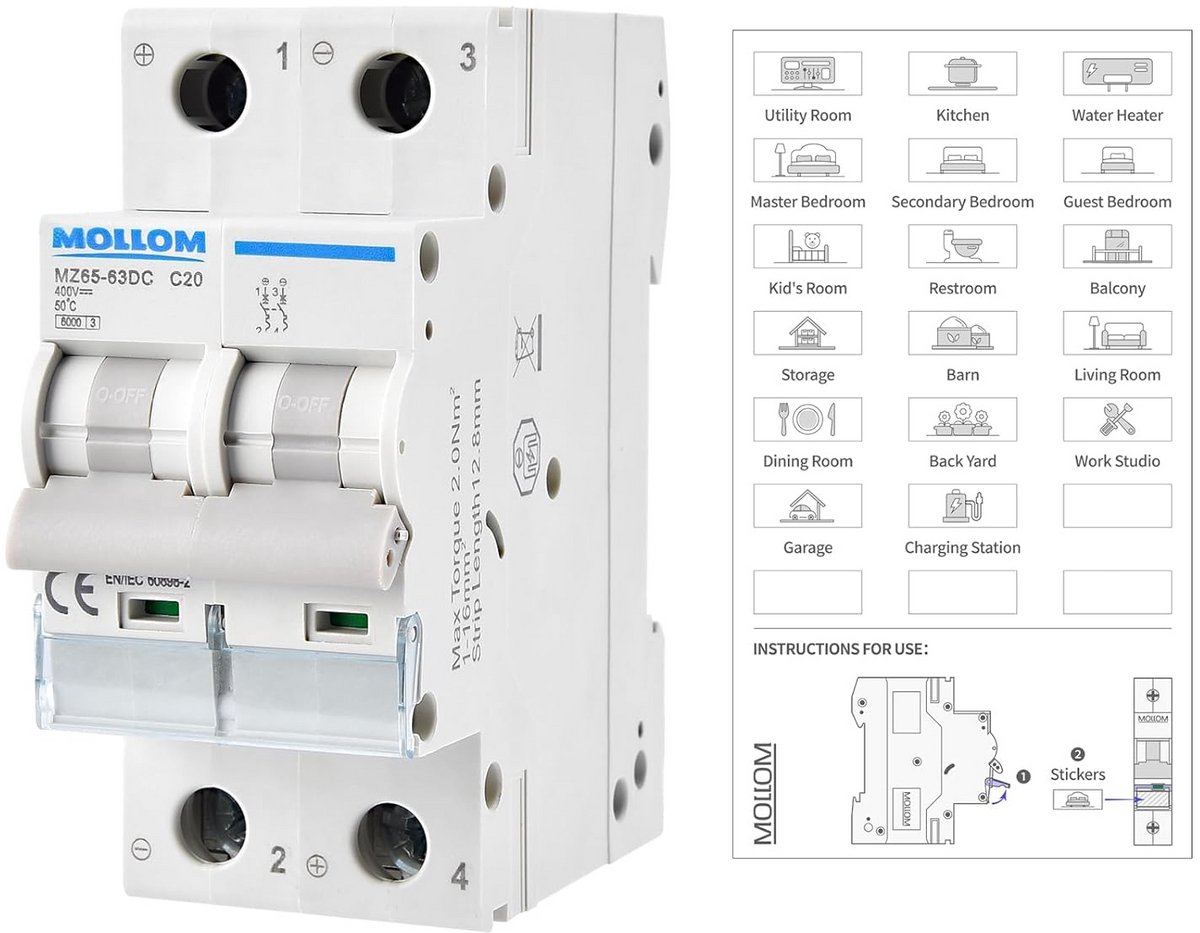 2-polige DC Miniatuurstroomonderbreker C20 400V Thermomagnetische Afschakeling voor Zonne-PV Systemen