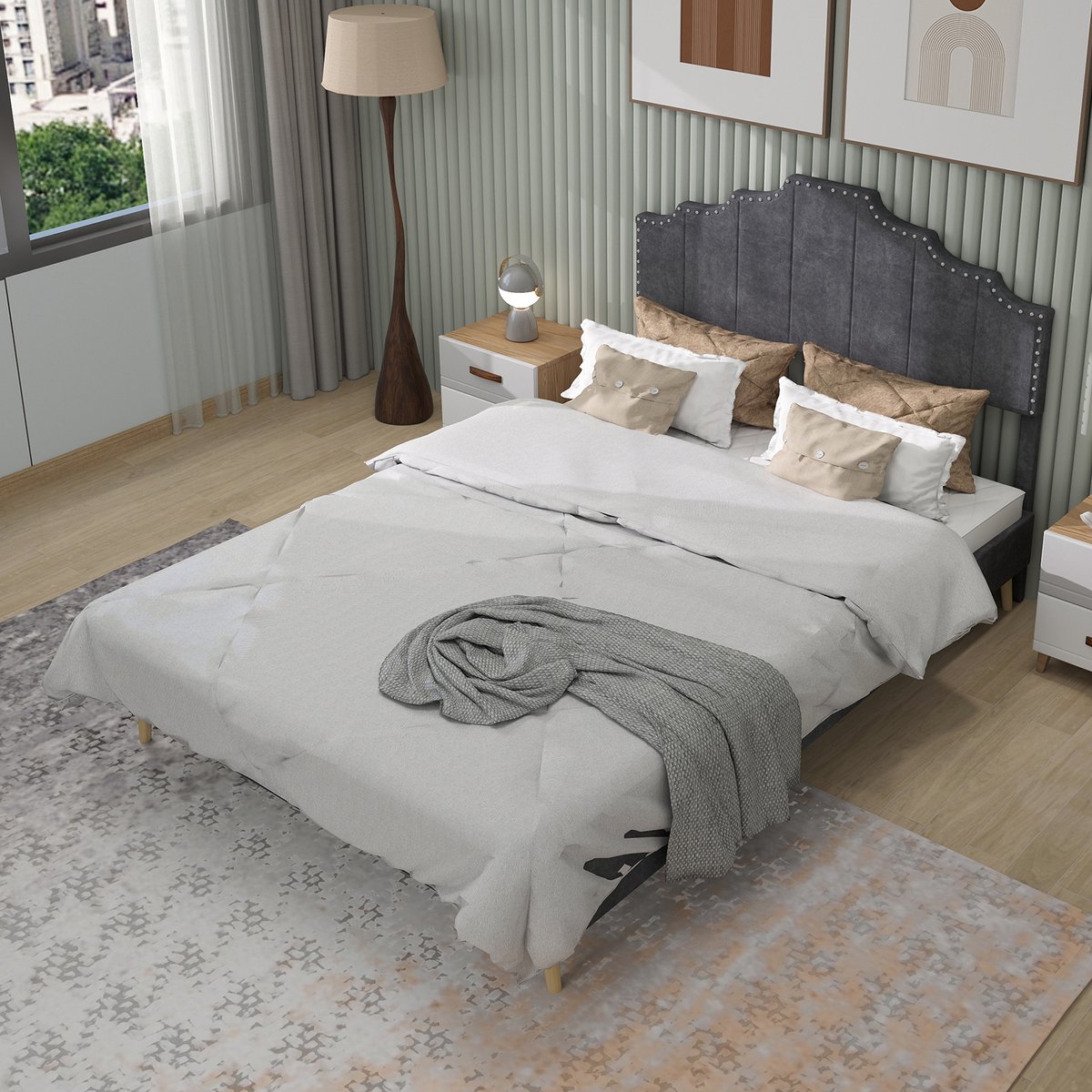 MODFU Ledikant 160x200 cm – Gestoffeerd met geometrisch design – Grijs Lichtgrijs