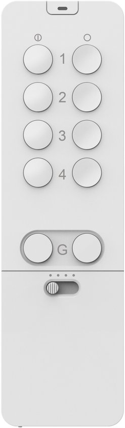 Witte afstandsbediening met 4 ronde knoppen genummerd 1-4, een 'G'-knop en een schakelaar.