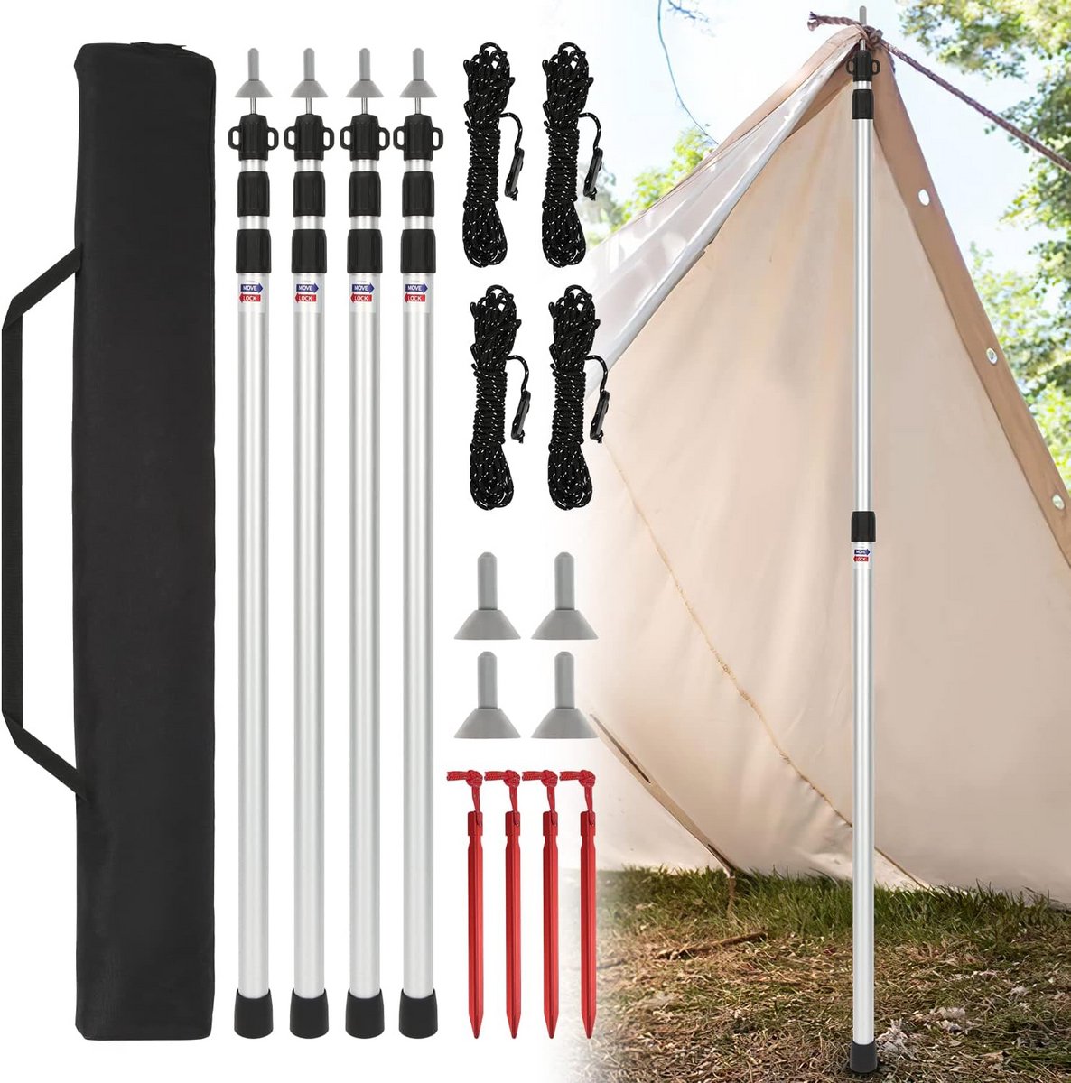 Set van 4 Verstelbare Aluminium Tentstokken 90-230 cm voor Voortenten en Caravans