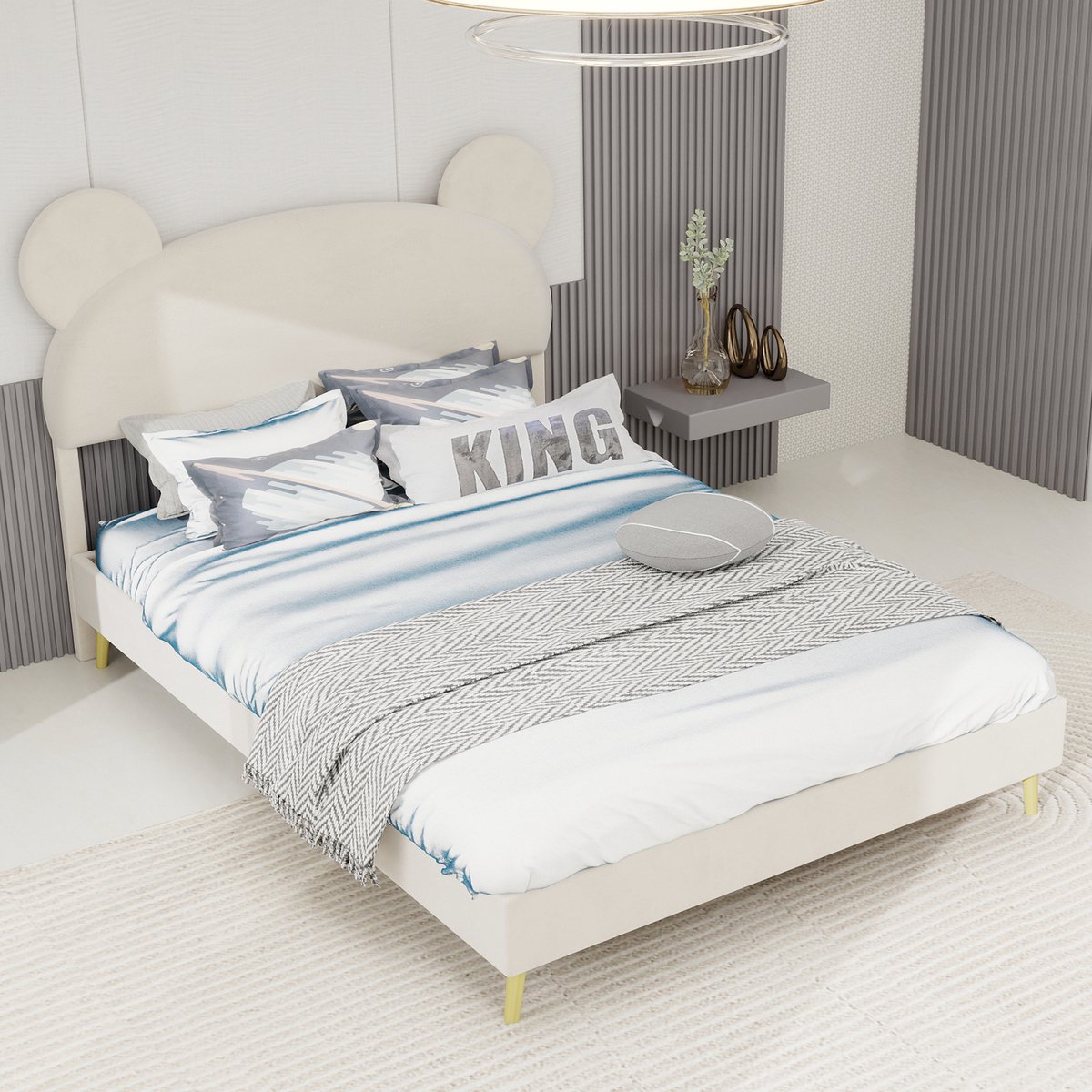 Wishdor Gestoffeerd Bed – 140 x 200 cm – Cartoonvormig Hoofdbord – Pneumatische Opbergruimte – Stof en Metaal Beige – Speels Design voor Kinderkamer – Stevige Constructie tot 113 kg – Eenvoudige Montage