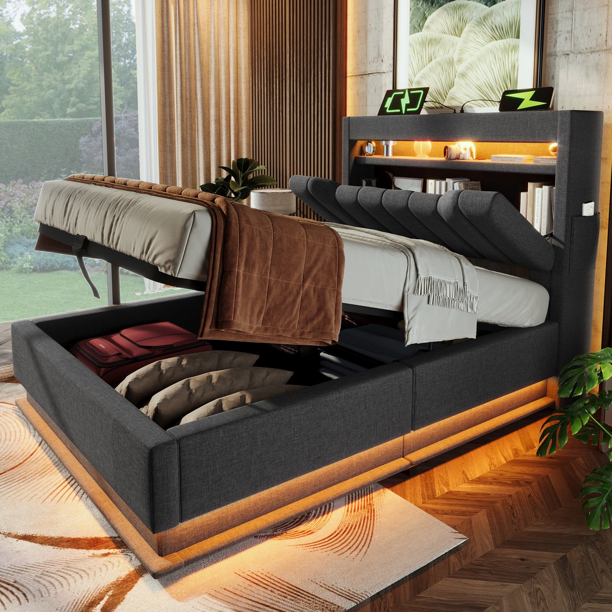 Wishdor Gestoffeerd Eenpersoonsbed – 90 x 200 cm – Ledverlichting met App – Hoofdbord met 3x Usb en Type-C – Hydraulische Opbergruimte – Linnen Grijs – Stabiel IJzeren Frame tot 150 kg – Smart Design voor Student of Logeerkamer