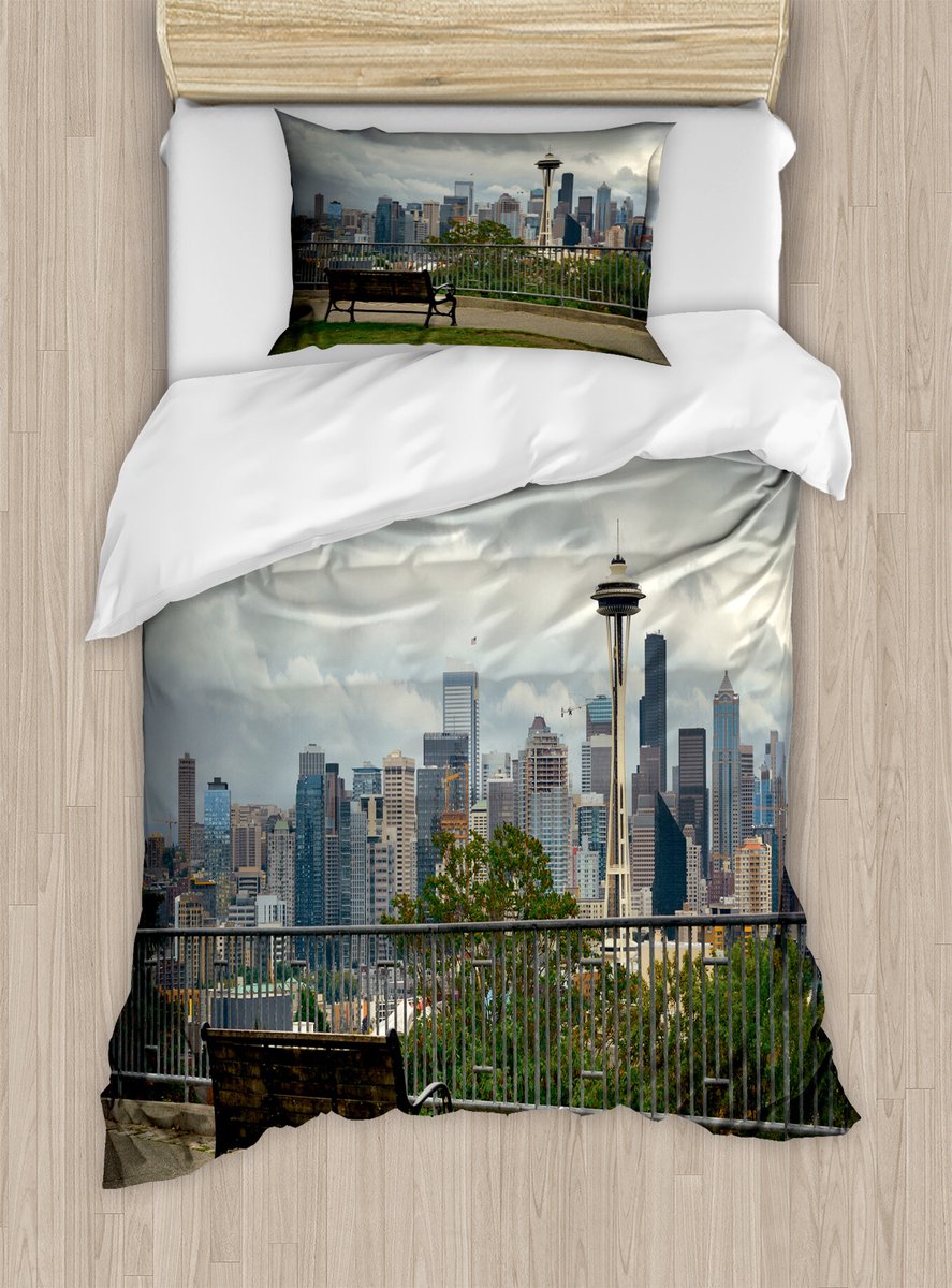 ABAKUHAUS Seattle Skyline Dekbedovertrekset voor eenpersoonsbedden, Kerry Park View, inclusief kussensloop, 130 x 200 cm