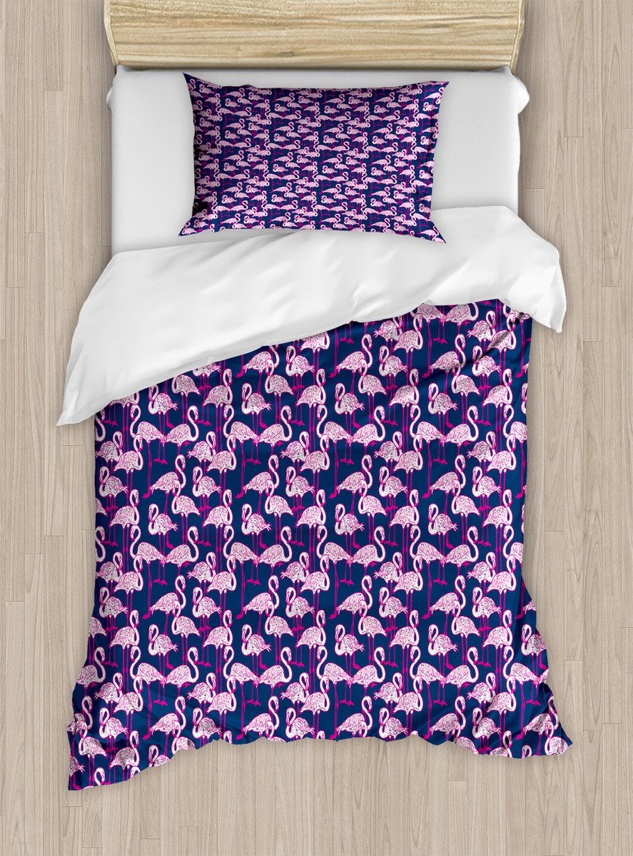 ABAKUHAUS Dekbedovertrekset met dierenprint voor eenpersoonsbedden, exotische flamingo's in cartoonstijl, inclusief kussensloop, 130 x 200 cm