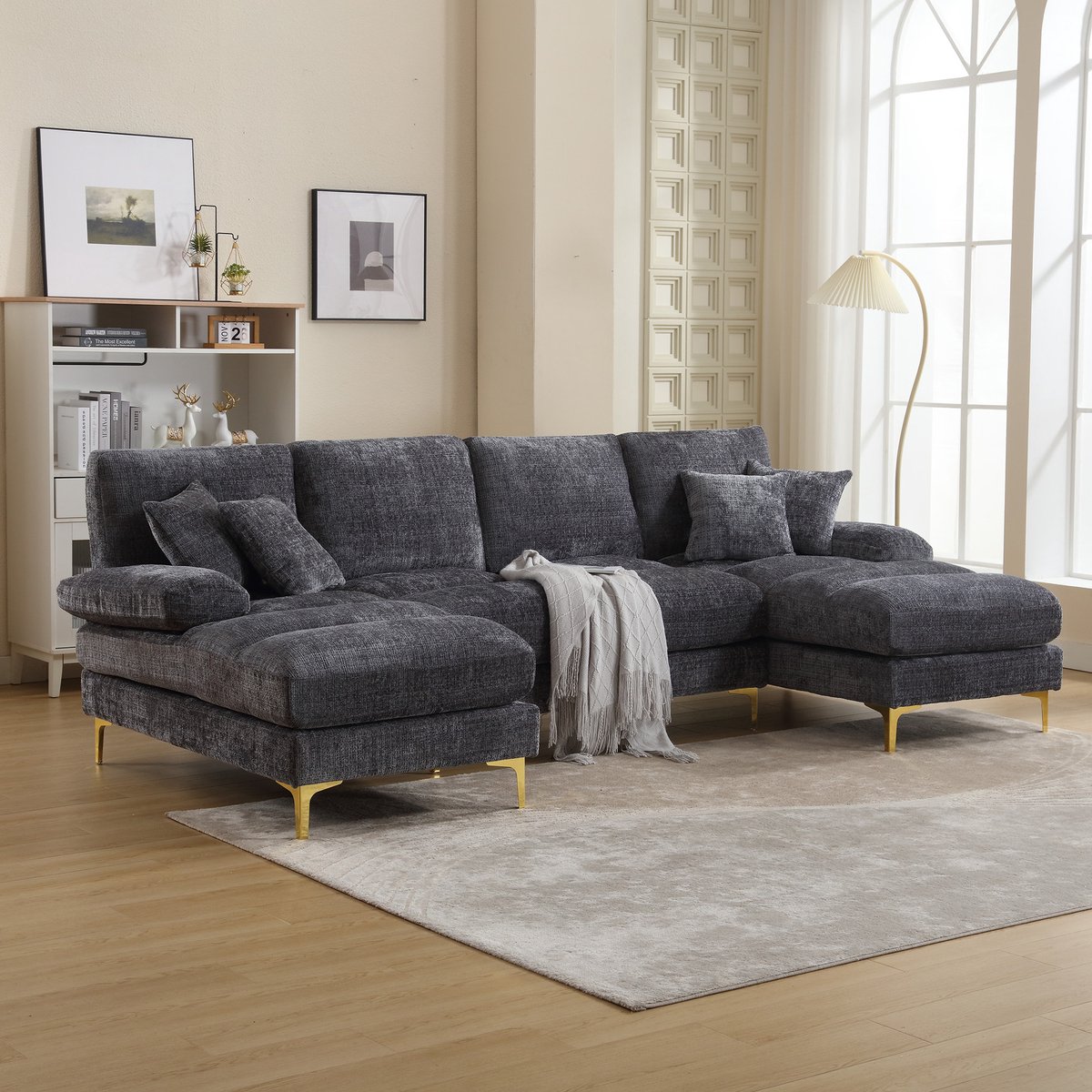 FloraGrace Hoekbank In U Vorm Met Twee Chaise Longues – Ergonomisch Zitcomfort – Chenille – Grijs