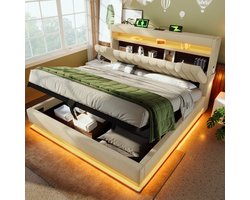Wishdor Opbergbed 180x200 cm – LED/App & Hoofdbord met Opladen – USB/Type-C & Hydraulische Lift – Linnen Beige – All-in-One Opberger