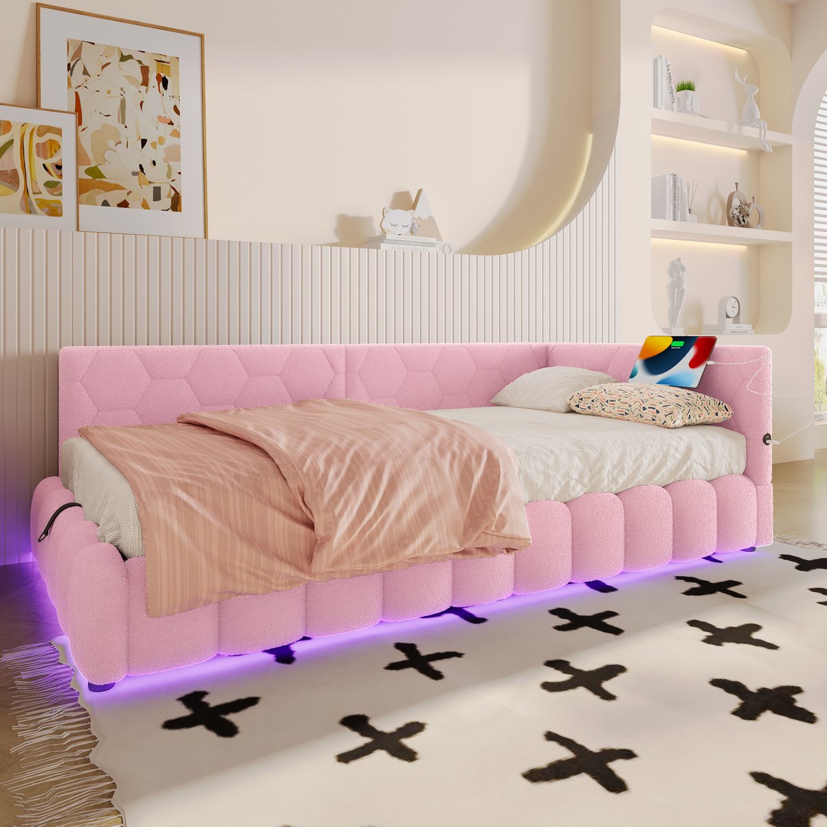 MODFU Bedframe 90x200 cm – Roze velours met LED & USB/Type-C – Hydraulisch