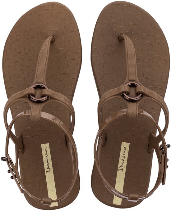 Bruine Ipanema slippers met bandjes en gesp, met een patroon op de zool.