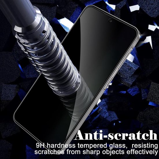 Telefoon met een metalen veer die over het scherm loopt. Tekst: 'Anti-scratch 9H hardness'.