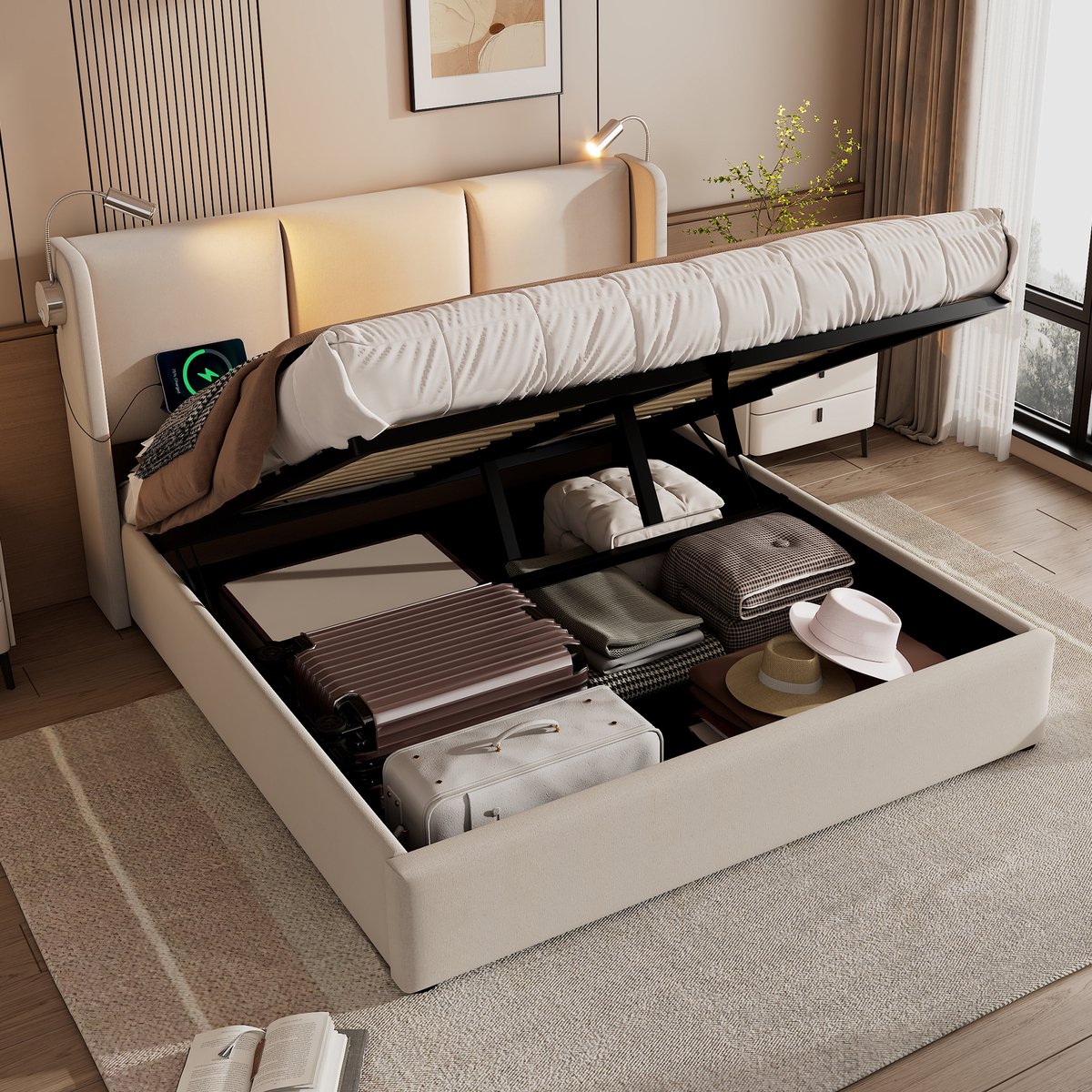 Gestoffeerd Bed - 160x200 cm - Jeugdbed met Bedkast - Leeslamp & USB Oplaadfunctie - Linne