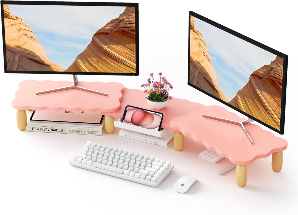 Houten Dubbele Monitorverhoger Verstelbare Lengte & Hoek, Ergonomisch Bureau Organiser met Opbergla voor 2 Monitoren, Laptop, Printer - Cookie Vorm, Roze