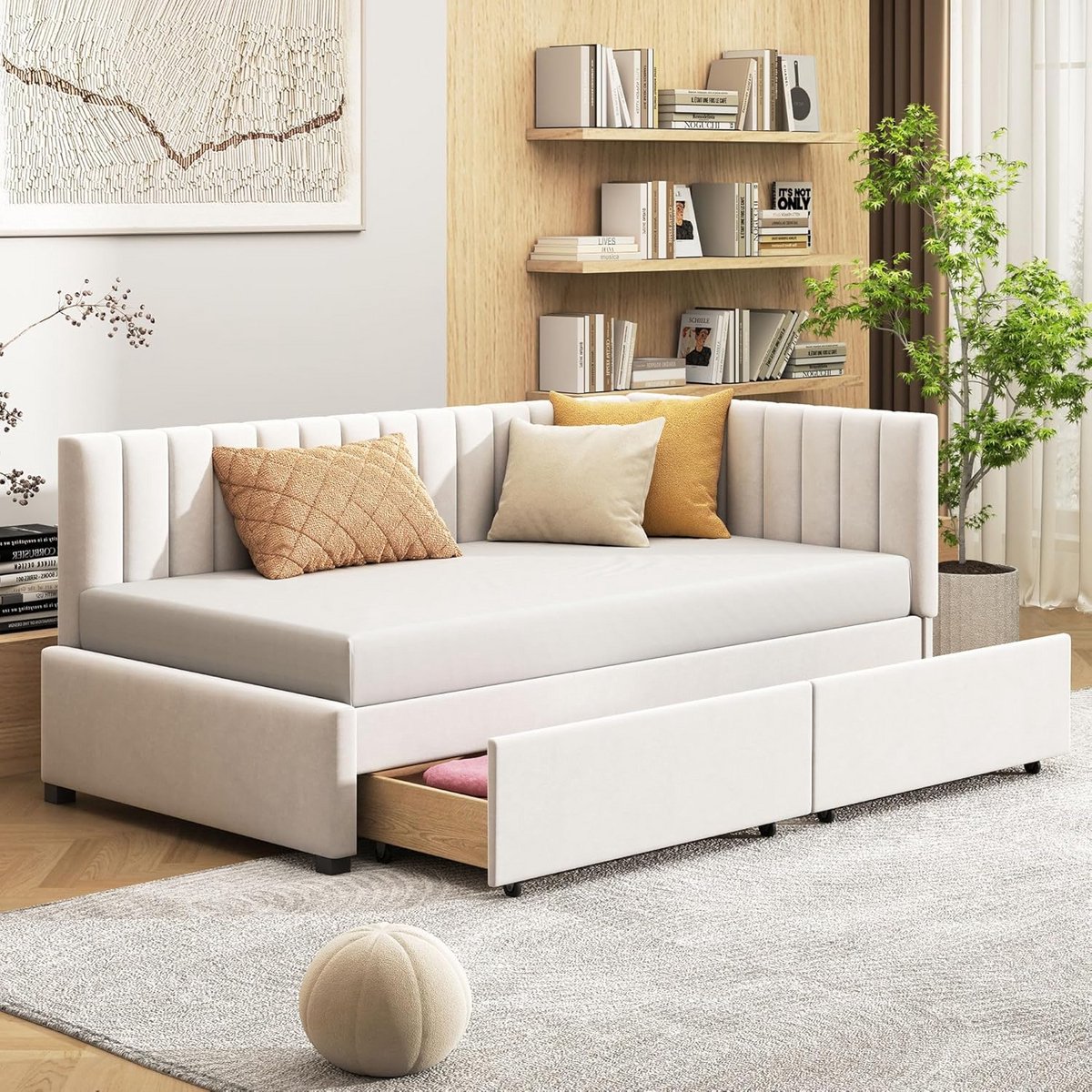 Eenpersoons Bed met Opbergruimte en Lattenbodem - Gestoffeerd Slaapbank 90x200 cm