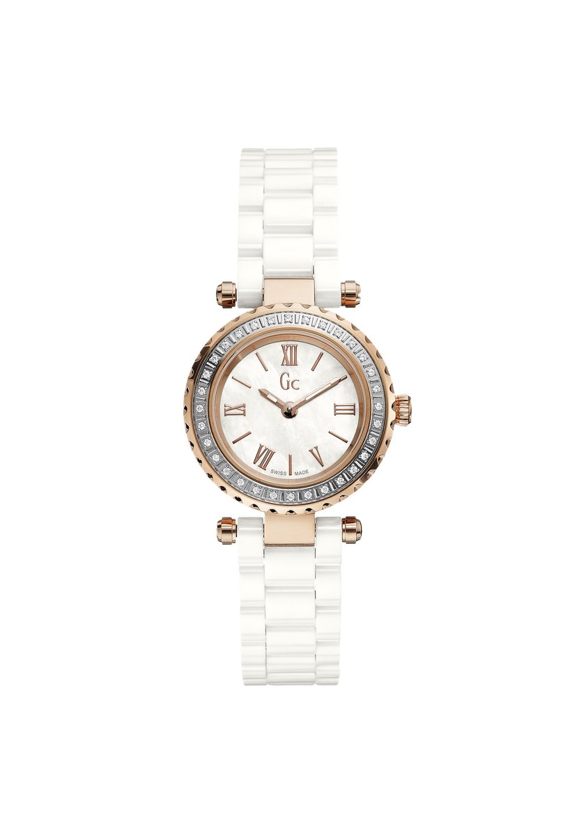 Gc Gc Mini Chic Quartz Analoog Horloge Wit En Roségoud Case: 100% Stainless Steel | Armband: 100% Ceramic 28 mm X70126L1S