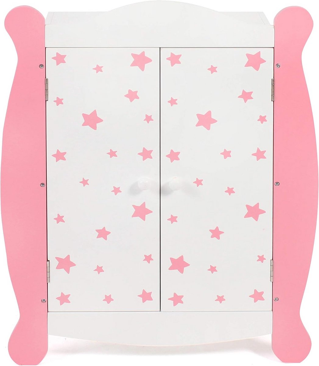 Poppenkledingkast met kledingstang en 3 kleerhangers - roze 22 x 46 x 59 cm
