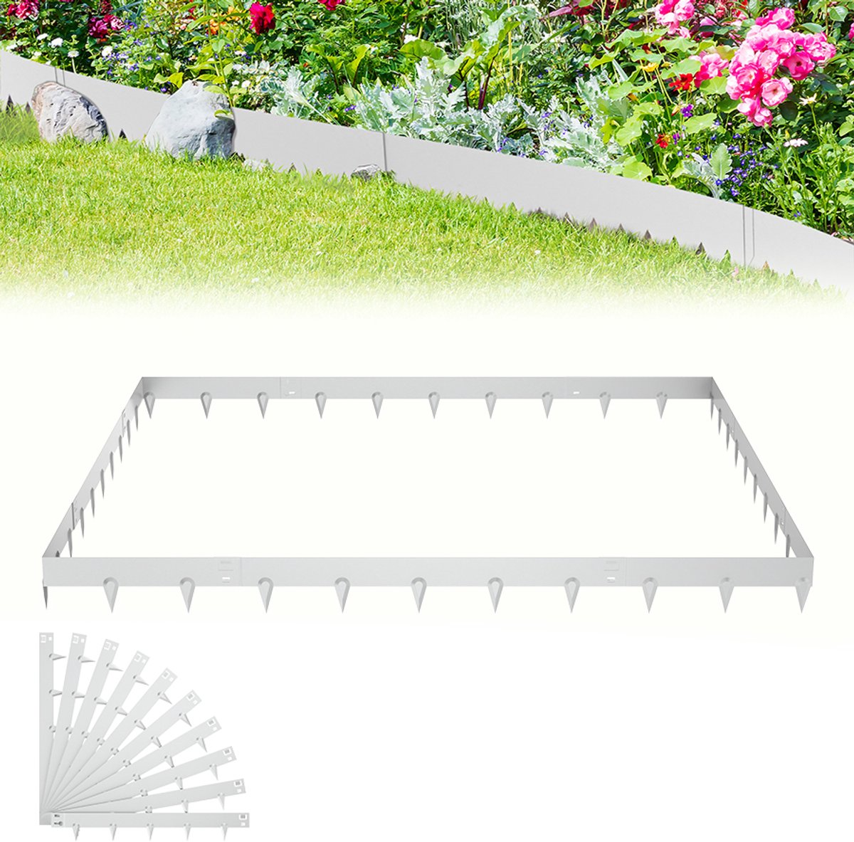 Aufun Gazonrandafwerking - 10-delig set - 106x16 cm per stuk - Totaal 10,6 m - Gegalvaniseerd metaal - Zilver - Voor tuin, park en boerderij