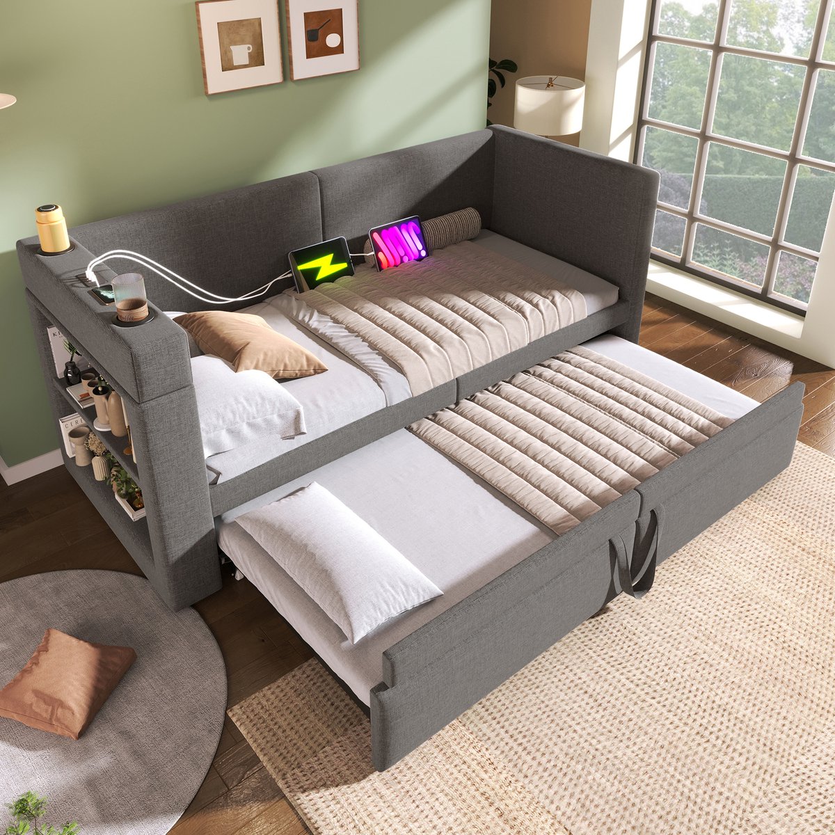 MODFU Bedframe 90x200 cm – gestoffeerd katoen-linnen grijs – met uitschuifbed, USB/Type-C en bekerhouders – daybed