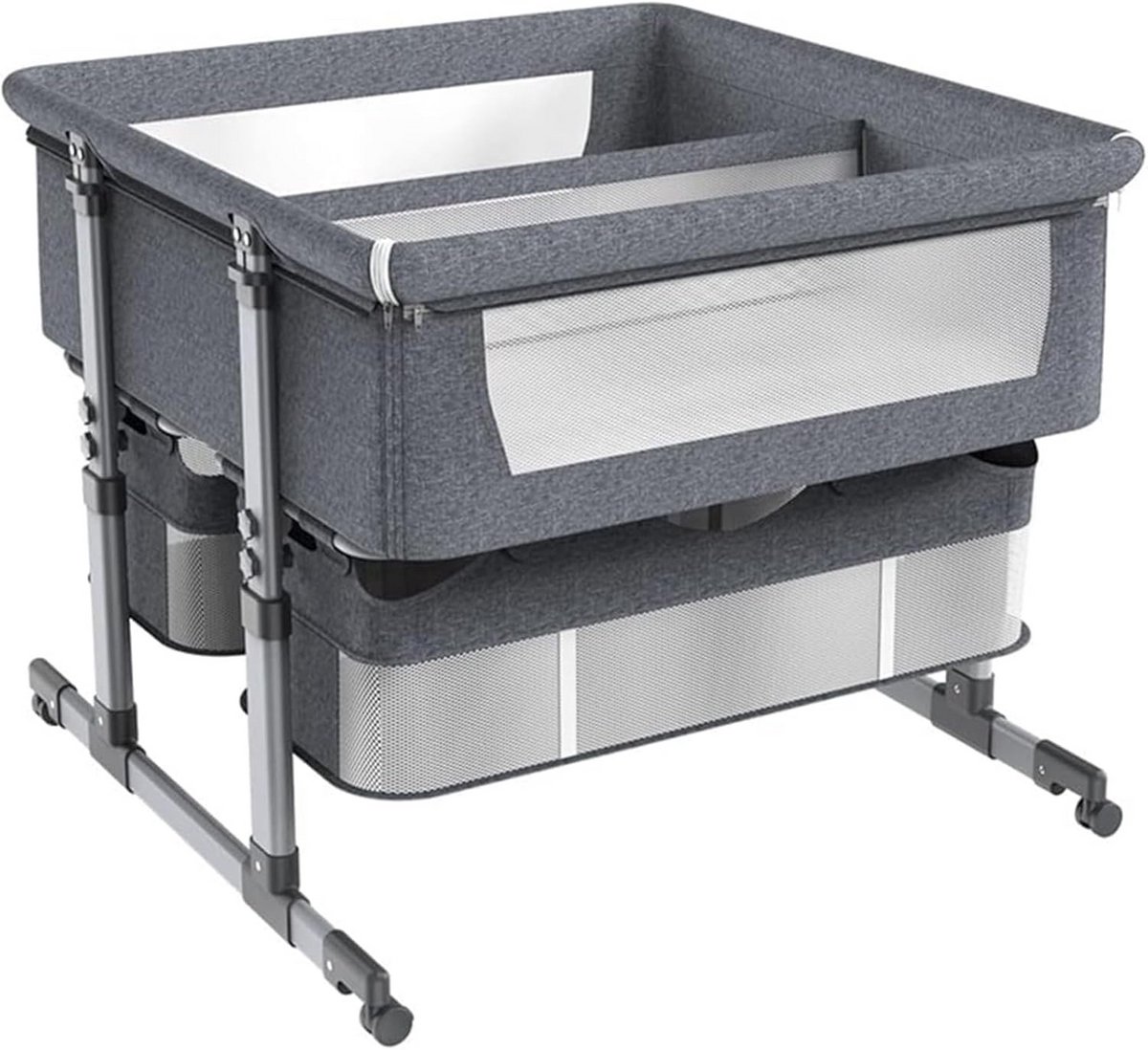 Verstelbare Baby Wieg naast Bed, Draagbare Wieg met Opbergmand, 6 Hoogtes Instelbaar