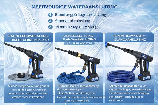 Mobiele Hogedrukreiniger met 2 Accu’s - Draagbare Hogedrukreiniger - Direct Aansluitbaar op Kraan - Accu Hogedrukspuit voor Auto en Balkon - Hogedrukreiniger met 6 in 1 Spuitmond - Draadloze Waterreiniger met Accessoires - Hogedrukreiniger Accu — afbeelding 2