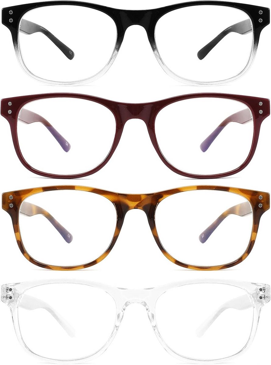 Set van 4 Leesbrillen met Blauwlichtfilter voor Dames en Heren, Lichtgewicht en Comfortabel