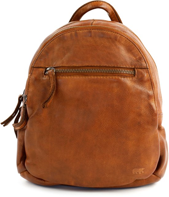 Bruine leren dames- en herenrugzak van Bear Design met ritssluiting en een kleine beren-applicatie.