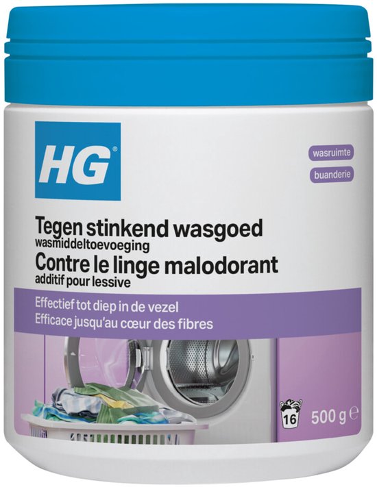 HG tegen stinkend wasgoed wasmiddeltoevoeging. 500g. Inclusief afbeelding van wasmachine met wasgoed.