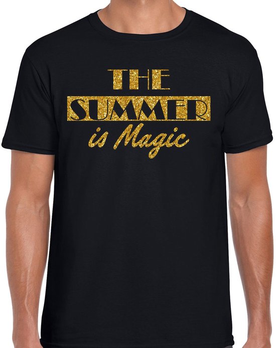 Toppers - Bellatio Decorations Toppers verkleed T-shirt heren - The summer is Magic - zwart - glitter goud - Tropisch L