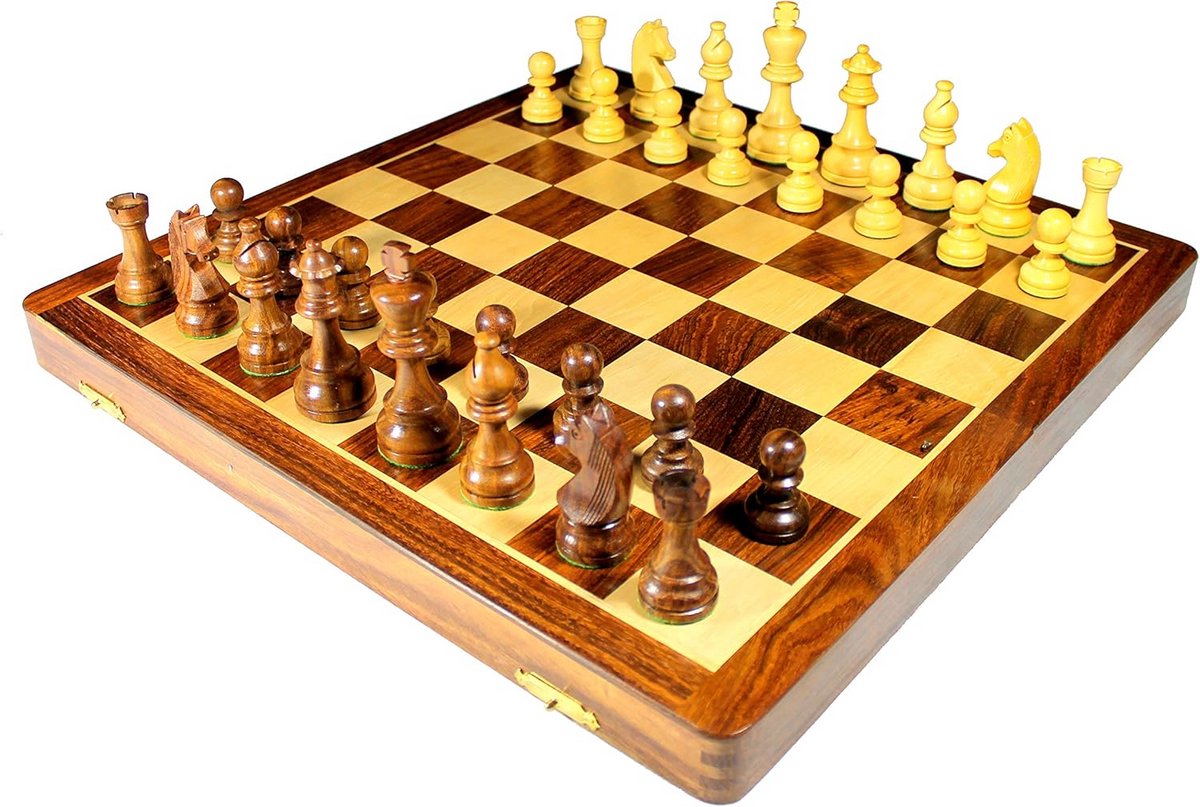 Handgemaakt premium houten schaakset 46 x 46 cm, opvouwbaar met extra dame