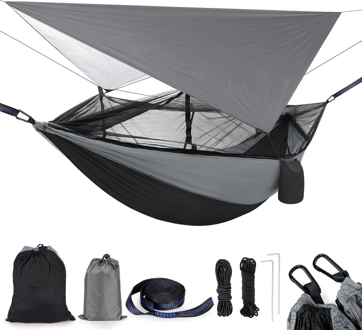 Lichte 2-persoons campinghangmat met klamboe - Zware waterdichte nylon hangmat voor buiten en reizen