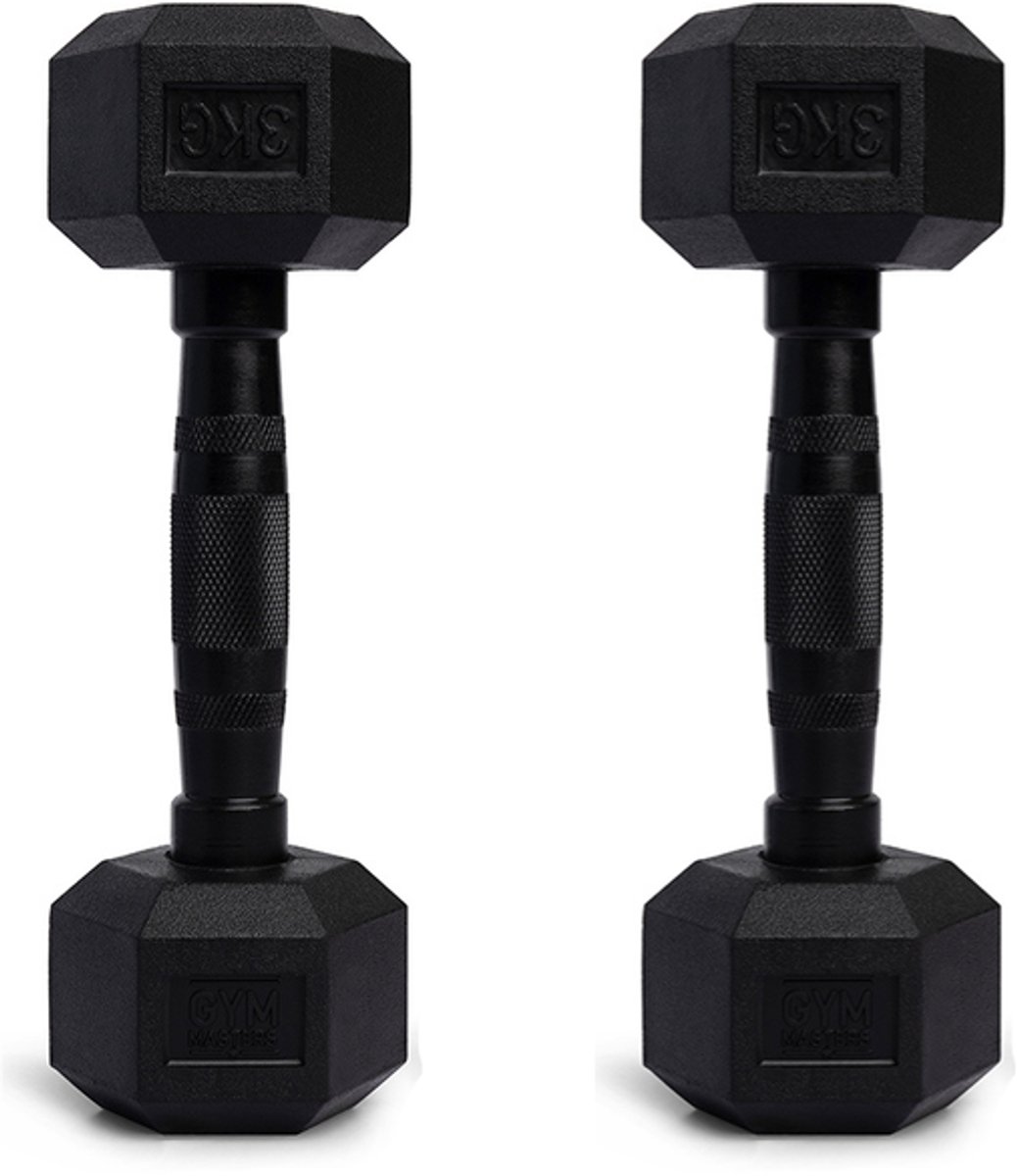 Gym Masters hexa Dumbbells 3 kg Set (2 stuks) – Hexagon Dumbbells – Rubber Fitness Gewichten – Zwart