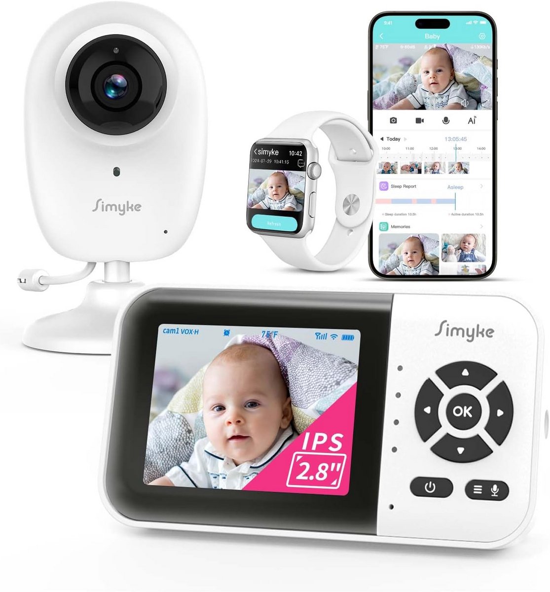 Intelligente babyfoon met camera en audio, dubbele modus, wifi aan/uitschakelaar, 7,1 cm display, 1080p camera, bereik 1500 meter