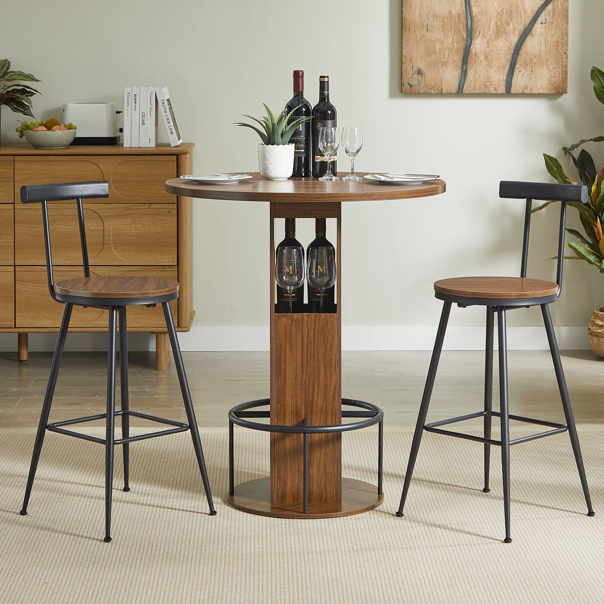 HAUSS SPOLE Bartafelset Met 2 Krukken - Ronde Tafel Met Opbergruimte - Voor Keuken Eethoek Café - Spaanplaat Staal - Walnoot - 80 Cm Okkernoot